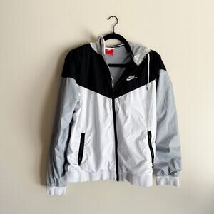 Nike Sportswear White, Black + Grey Full Zip Hooded Windrunner Jacket - Medium